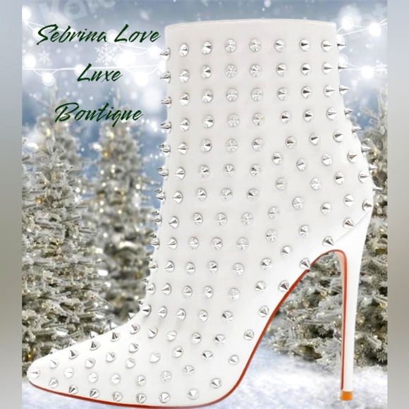 Sexy Edgy White Silver Spiked Ankle Boots - Picture 3 of 13